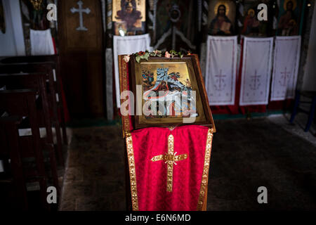 Eine heilige Ikone in der Kirche Christi auf das alte Dorf (Chora) von Alonnisos, Griechenland am August 2014. Stockfoto