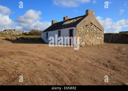 Eine alte verfallene weiß getünchten Steinhütte steht auf einem Grundstück von Braunerde unter blauem Himmel Donegal Stockfoto