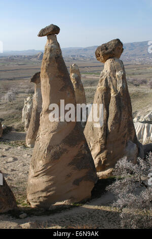 Feenkamine Felsformationen in der Nähe des Dorfes Causvin in Kappadokien, Zentral-Anatolien, Türkei. Stockfoto