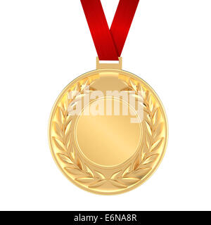 Diese Goldmedaille hat ein rotes Band und einen 3D gold Lorbeerkranz mit einem leeren Center für die Anpassung Stockfoto