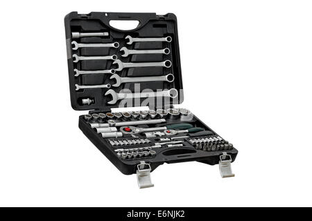 Werkzeug, Kit, Toolbox, Kasten, Toolkit, isoliert, Set, Reparatur, weiß, Schraubenschlüssel, Hardware, Stahl, Buchse, Metall, Werkstatt, Hintergrund, sc Stockfoto