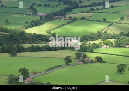 Blick hinunter auf die winzigen Dorf Low Mühle in Farndale in den North York Moors National Park, England, UK Stockfoto