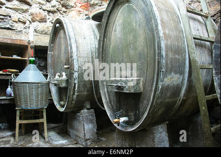 Alte Weinfässer in einem kleinen Keller Stockfoto