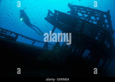 Scuba Diver scheint eine Fackel auf ein Schiffswrack, Sipadan Island, Borneo, Malaysia Stockfoto