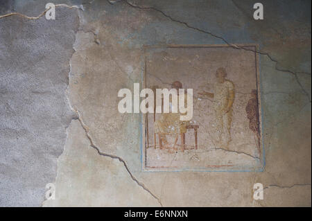 Innenwand Zeichnungen oder Gemälde in der zerstörten Stadt Pompeji. Stockfoto