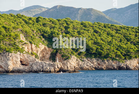 Kleiner Leuchtturm auf einer der vielen Inseln am Eingang zum Hafen von Dubrovnik in Kroatien. Stockfoto