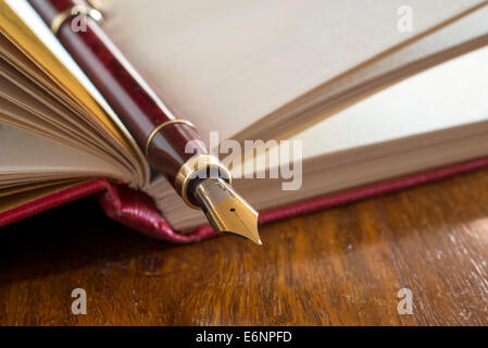 Nahaufnahme der Füllfederhalter auf ein rotes Buch auf einem Holztisch. Stockfoto