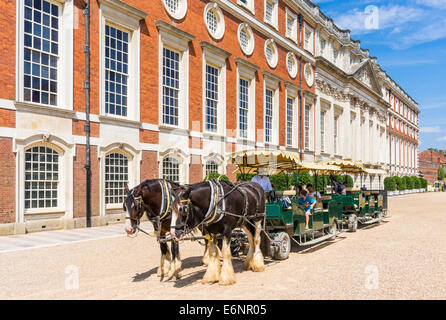Shire Horses ziehen Touristen Wagen Hampton Court Palace vorderen London England UK GB EU Osteuropa Stockfoto