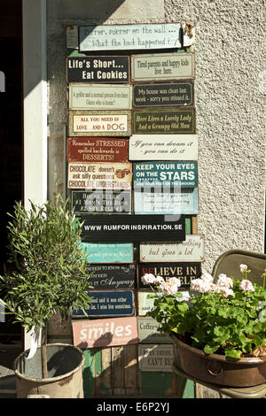 Lustige Parolen an die Wand eines Bric-à-Brac Shops in Haga, historischen Viertel von Göteborg, Bohuslän, Västergötland, Schweden. Stockfoto