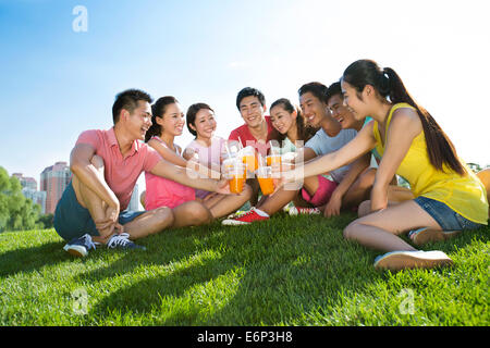 Fröhliche junge Erwachsene Toasten mit Saft auf dem Rasen Stockfoto