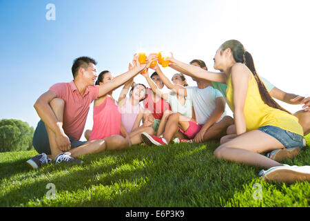 Fröhliche junge Erwachsene Toasten mit Saft auf dem Rasen Stockfoto