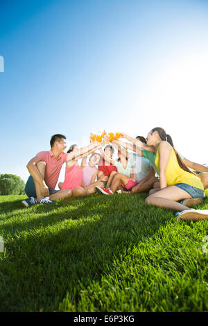 Fröhliche junge Erwachsene Toasten mit Saft auf dem Rasen Stockfoto