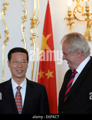 Prag, Donnerstag. 28. August 2014. Chinesische erste Vize Premier Zhang Gaoli, trifft tschechische Präsident Milos Zeman am auf der Prager Burg in Prag, links, Donnerstag, 28. August 2014. Bildnachweis: Michal Krumphanzl/CTK Foto/Alamy Live-Nachrichten Stockfoto