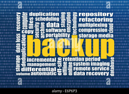 Backup- und Recovery-Wortwolke mit einem binären Hintergrund Stockfoto