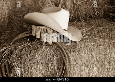 Stillleben-Cowboy-Hut, Lasso und Arbeitshandschuhe auf einen Ballen Heu, Montana, USA Stockfoto