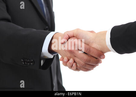 Nahaufnahme von einem Geschäftsmann und Frau Hände Handshaking isoliert auf weißem Hintergrund Stockfoto