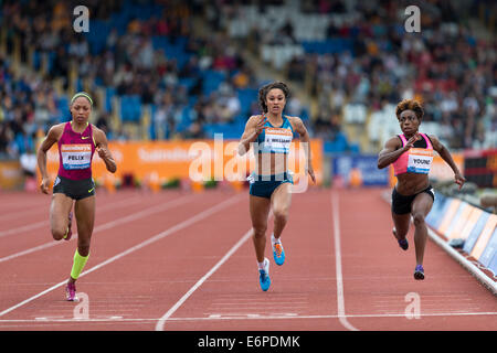 Allyson FELIX, Jodie WILLIAMS & Jessica junge 100m Hitze 1, Diamond League 2014 Birmingham Grand Prix, Alexander Stadium, UK Stockfoto