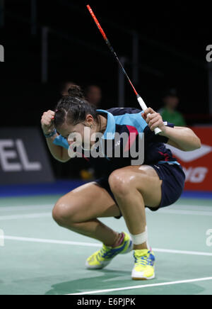 Kopenhagen. 28. August 2014. Carolina Marin von Spanien feiert nach der Frauen Einzel Runde 3 match gegen Wang Yihan aus China am Tag 4 von Li Ning BWF Weltmeisterschaften 2014 in Ballerup Super Arena in Kopenhagen, Dänemark am 28. August 2014. Carolina Marin gewann 2: 0. Bildnachweis: Wang Lili/Xinhua/Alamy Live-Nachrichten Stockfoto