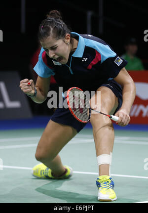 Kopenhagen. 28. August 2014. Carolina Marin von Spanien feiert nach der Frauen Einzel Runde 3 match gegen Wang Yihan aus China am Tag 4 von Li Ning BWF Weltmeisterschaften 2014 in Ballerup Super Arena in Kopenhagen, Dänemark am 28. August 2014. Carolina Marin gewann 2: 0. Bildnachweis: Wang Lili/Xinhua/Alamy Live-Nachrichten Stockfoto