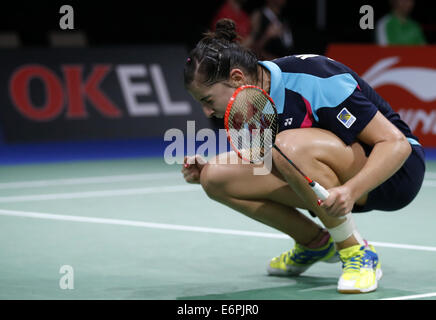 Kopenhagen. 28. August 2014. Carolina Marin von Spanien feiert nach der Frauen Einzel Runde 3 match gegen Wang Yihan aus China am Tag 4 von Li Ning BWF Weltmeisterschaften 2014 in Ballerup Super Arena in Kopenhagen, Dänemark am 28. August 2014. Carolina Marin gewann 2: 0. Bildnachweis: Wang Lili/Xinhua/Alamy Live-Nachrichten Stockfoto