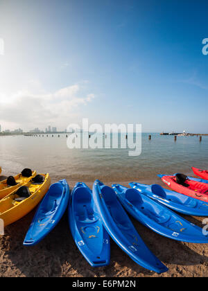 Bunte Kajaks säumen die Ufer der North Avenue Beach am Lake Michigan in der Goldküste von Chicago, Illinois. Stockfoto