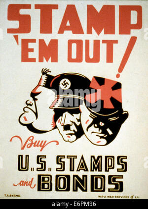 Auszumerzen Sie em kaufen US-Briefmarken und Anleihen - Plakat fördert Kauf von Krieg Briefmarken und Anleihen zur Unterstützung der Kriegsanstrengungen zeigt Gesichter von Hitler, Mussolini und Hirohito, ca. 1942 Stockfoto