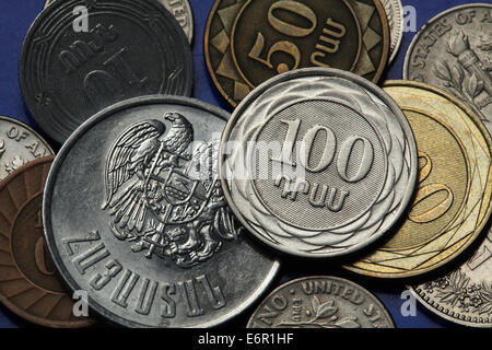 Münzen von Armenien. Armenischer Dram hundert Münze und armenischen Staatswappen in armenischer Dram Münzen abgebildet. Stockfoto