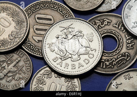 Münzen von Barbados. Barbados Staatswappen in Barbados 25-Cent-Münze abgebildet. Stockfoto