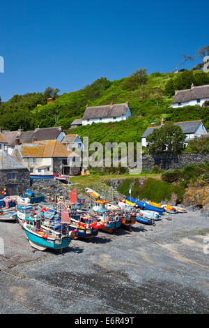 Bunte Fischerboote am Strand von Cadgwith Cove auf der Lizard Halbinsel Cornwall England UK oben geschleppt. Stockfoto