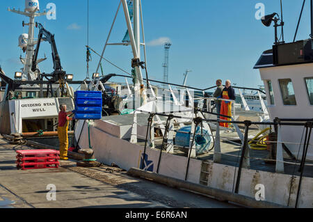 PETERHEAD HAFEN ABERDEENSHIRE ENTLADEN BLAUEN KÄSTEN VON GEFRORENEM FISCH AUS EINEM TRAWLER Stockfoto