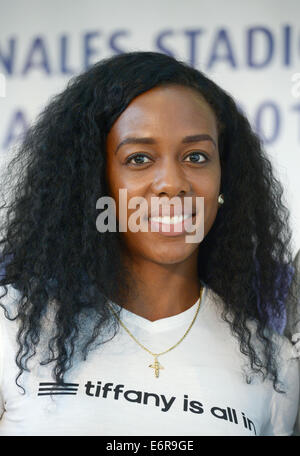 Berlin, Deutschland. 29. August 2014. British European Champion 2014 in 100 Meter Hürdenlauf Tiffany Porter ist während einer ISTAF-Pressekonferenz in Berlin, Deutschland, 29. August 2014 abgebildet. Am 31. August 2014 statt die 73. ISTAF-Stadion-Festival findet im Olympiastadion in Berlin. Foto: Rainer Jensen/Dpa/Alamy Live-Nachrichten Stockfoto