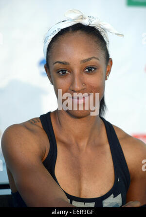 Berlin, Deutschland. 29. August 2014. US World Champion 2013 in 100 Meter Hürdenlauf Brianna Rollins ist abgebildet, während einer ISTAF-Pressekonferenz in Berlin, Deutschland, 29. August 2014. Am 31. August 2014 statt die 73. ISTAF-Stadion-Festival findet im Olympiastadion in Berlin. Foto: Rainer Jensen/Dpa/Alamy Live-Nachrichten Stockfoto