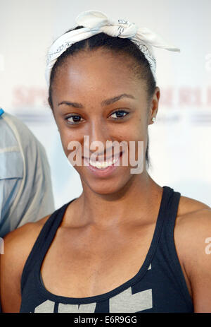 Berlin, Deutschland. 29. August 2014. US World Champion 2013 in 100 Meter Hürdenlauf Brianna Rollins ist abgebildet, während einer ISTAF-Pressekonferenz in Berlin, Deutschland, 29. August 2014. Am 31. August 2014 statt die 73. ISTAF-Stadion-Festival findet im Olympiastadion in Berlin. Foto: Rainer Jensen/Dpa/Alamy Live-Nachrichten Stockfoto