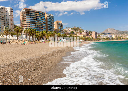 Malagueta Strand, Málaga, Costa Del Sol, Andalusien, Spanien, Europa. Stockfoto
