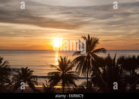 Sonnenuntergang über dem Meer, Surin Beach, Phuket, Thailand mit Silhouetten von Palmen gegen eine bunte orange sky Stockfoto