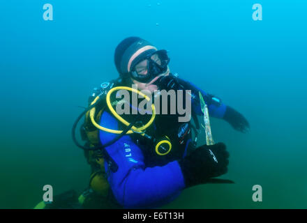 Listwjanka, Irkutsky, Russland. 30. August 2014. Porträt der Unterwasser Künstler Yuriy Alexeev (Yuri Alekseev) mit Spachtel. Baikalsee, Listwjanka, Irkutsky Bezirk, Oblast Irkutsk, Sibirien, Russland, Eurasien Credit: KEN VOSAR/Alamy Live-Nachrichten Stockfoto