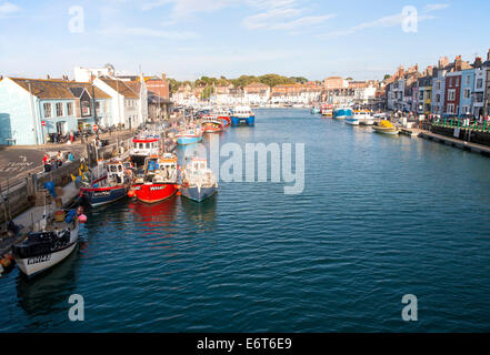 Bunte Fischerboote im Hafen von Weymouth, Dorset, England Stockfoto