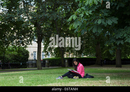 Eine junge Frau mit einem Buch im Green Park, London Stockfoto