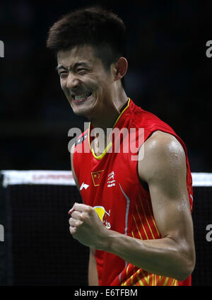 Kopenhagen, Dänemark. 30. August 2014. Chen Long China feiert nach der Männer Singles Halbfinale gegen Tommy Sugiarto von Indonesien am Tag 6 von Li Ning BWF Weltmeisterschaften 2014 in Ballerup Super Arena in Kopenhagen, Dänemark, am 30. August 2014. Chen Long gewann 2: 0. Bildnachweis: Wang Lili/Xinhua/Alamy Live-Nachrichten Stockfoto