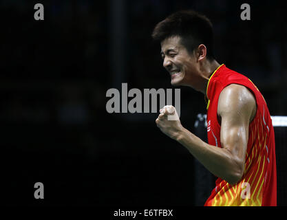 Kopenhagen, Dänemark. 30. August 2014. Chen Long China feiert nach der Männer Singles Halbfinale gegen Tommy Sugiarto von Indonesien am Tag 6 von Li Ning BWF Weltmeisterschaften 2014 in Ballerup Super Arena in Kopenhagen, Dänemark, am 30. August 2014. Chen Long gewann 2: 0. Bildnachweis: Wang Lili/Xinhua/Alamy Live-Nachrichten Stockfoto