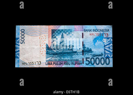 Yogyakarta, Java, Indonesien.  50.000 Rupien-Banknote, Rückseite.  (Tempel) Pura Ulun Danu Bratan, Bali. Stockfoto