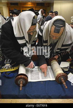 Ein Segen vor Thora lesen während Wochentag Morgengebet auf eine Synagoge in Brooklyn, New York Stockfoto