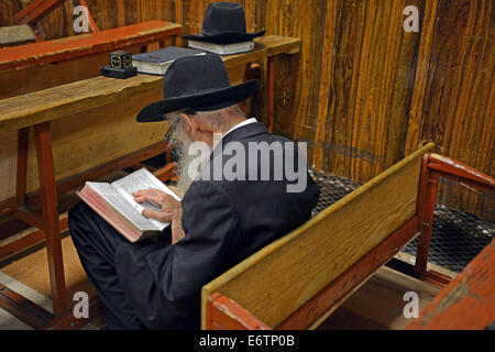 Tisha B'Av Morgen Dienstleistungen auf eine Synagoge in Brooklyn zum Gedenken an die Zerstörung der ersten beiden Heiligen Tempel zu Jerusalem. Stockfoto