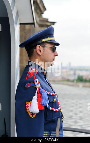 Ein bewaffneter Soldat auf Wache am Eingang der Prager Burg, Prag, Tschechische Republik. Stockfoto