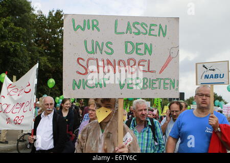 Potsdam, Deutschland. 31. August 2014. Hundert der einheimischen Bürger verlangten Tätigkeit während einer Protestaktion zur Abkehr von der industriellen Landwirtschaft in Potsdam gegen Massentierhaltung mit dem Slogan "Wir sind müde - Massentierhaltung zu entfernen". Der Veranstalter ist die Aktion Bündnis Berlin-Brandenburg. Bildnachweis: Simone Kuhlmey/Pacific Press/Alamy Live-Nachrichten Stockfoto