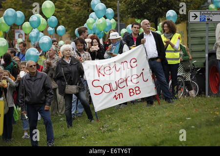 Potsdam, Deutschland. 31. August 2014. Hundert der einheimischen Bürger verlangten Tätigkeit während einer Protestaktion zur Abkehr von der industriellen Landwirtschaft in Potsdam gegen Massentierhaltung mit dem Slogan "Wir sind müde - Massentierhaltung zu entfernen". Der Veranstalter ist die Aktion Bündnis Berlin-Brandenburg. Bildnachweis: Simone Kuhlmey/Pacific Press/Alamy Live-Nachrichten Stockfoto