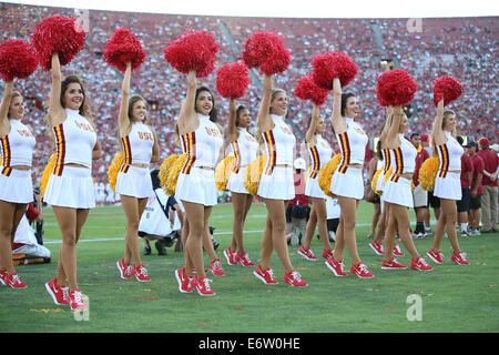 Los Angeles, CA, d. h. USA. 30. August 2014. 30. August 2014: Fresno State Bulldogs und USC Trojans, das Kolosseum in Los Angeles, Kalifornien. Die USC-Song-Girls feiern den Erfolg des Teams. Bildnachweis: Peter Joneleit/ZUMA Wire/ZUMAPRESS.com/Alamy Live-Nachrichten Stockfoto