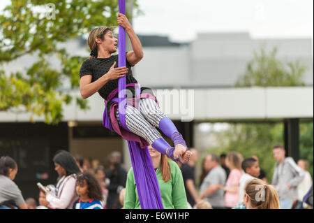 Stratford, London, UK, 30. August 2014.  Der Bürgermeister von London Liberty Festival, Teil des nationalen Paralympischen Tag 2014 bei der Queen Elizabeth Olympic Park präsentiert Behinderung Kunst und integrativen Sport.  Im Bild: ein Luftakrobat demonstriert für die Massen.  Bildnachweis: Stephen Chung/Alamy Live-Nachrichten Stockfoto