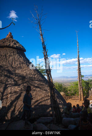 Generation-Pole auf dem Zeremoniell Platz, errichtet während der Initiation Zeremonien Konso Dorf, Südäthiopien Stockfoto