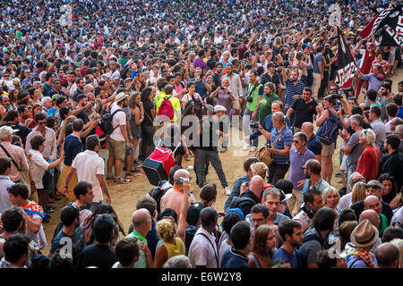 Nach der Palio di Siena präsentieren wir die Pferde die Zuschauer und Fans, Piazza del Campo, Siena, Toskana, Italien Stockfoto